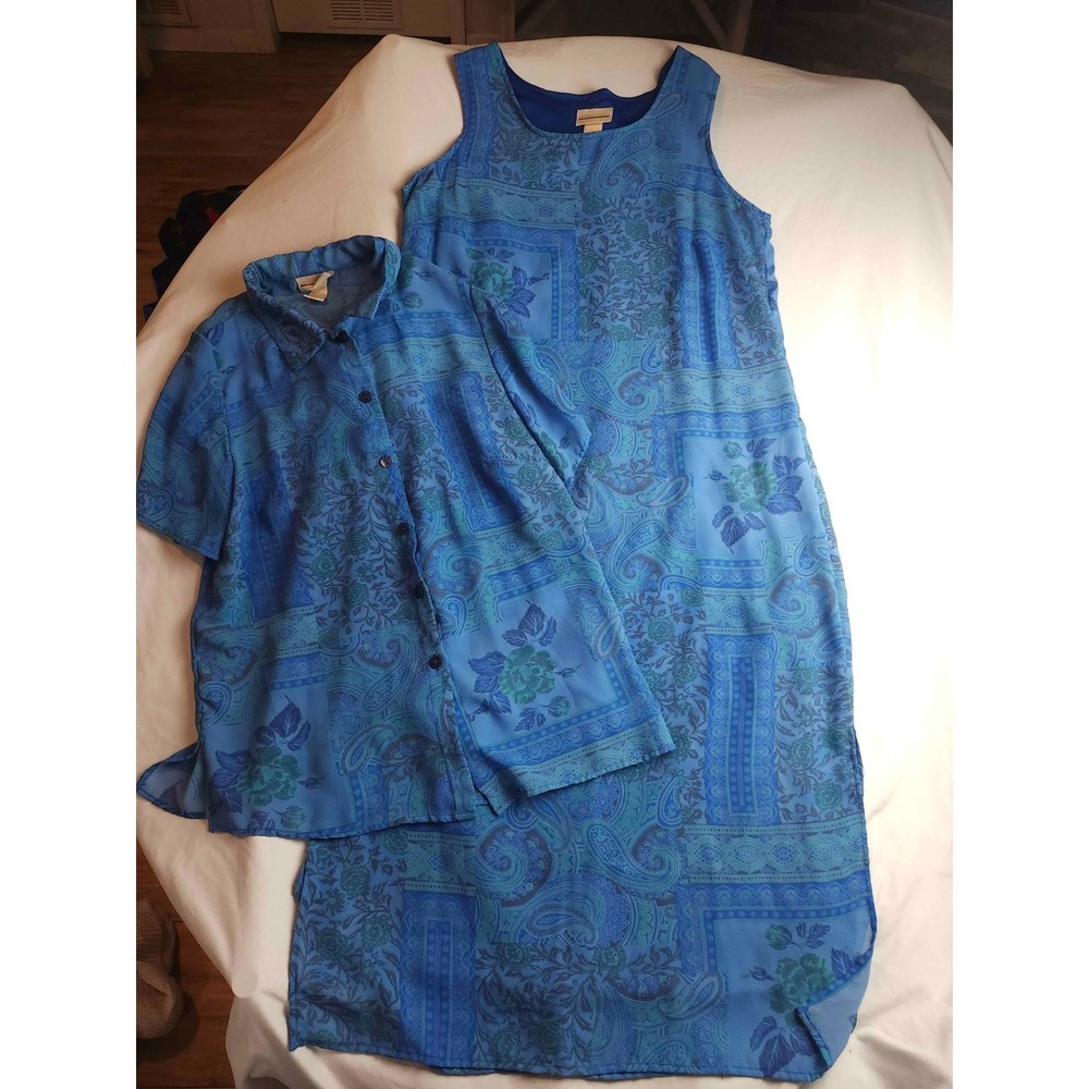 Expressions 2 Piece Shirt & Dress Set Womens Size 16 Blue Paisley Floral Classic